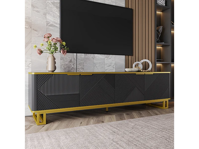Moderner TV-Schrank 160x37,5x48 cm - mit 4 Türen - Geometrische Textur - MDF - Schwarz + Gold