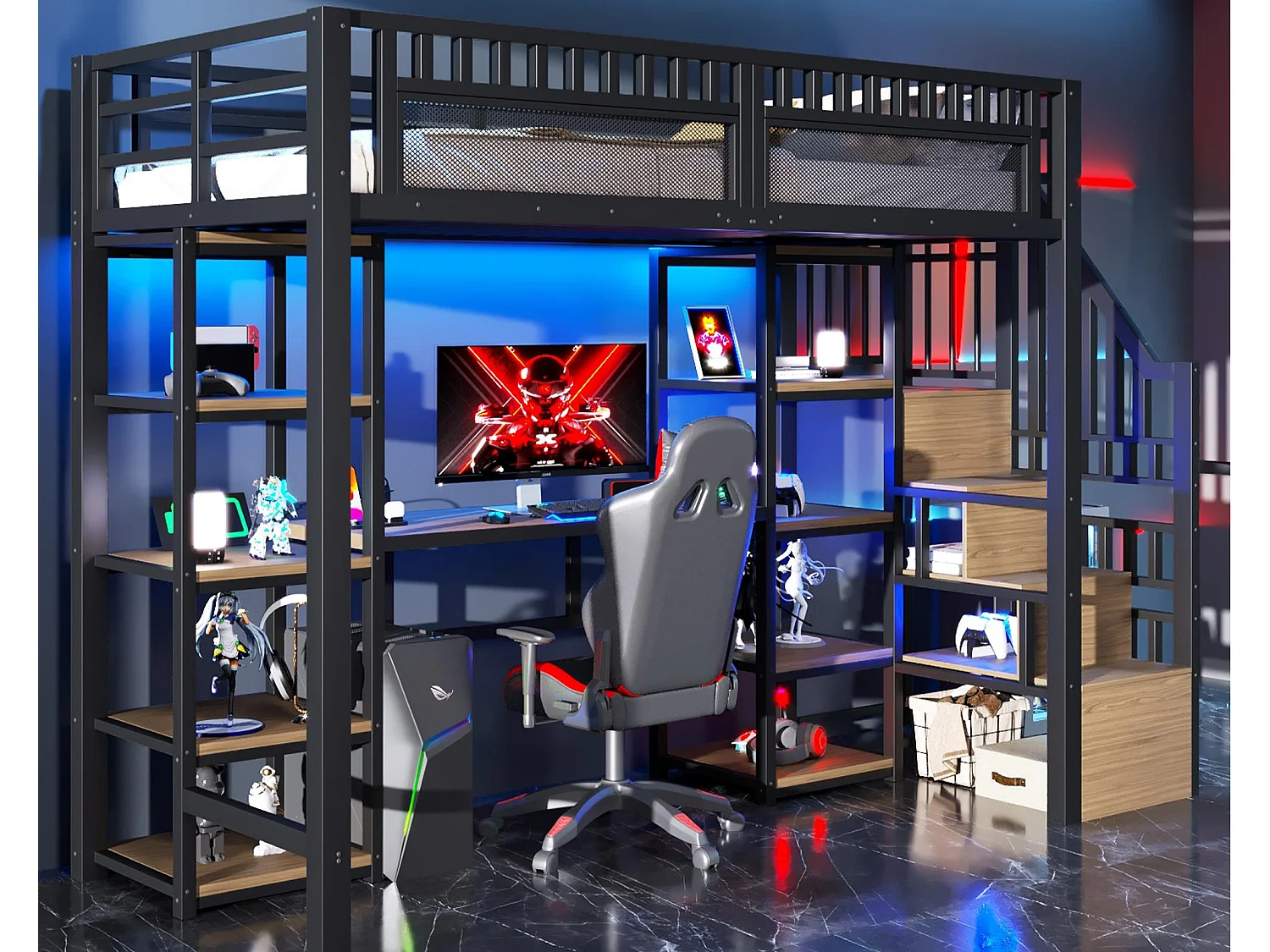 Hoogslaper 90x200 cm - Geïntegreerde opbergtrap - Ingebouwd bureau - LED-lichtstrip + USB-poort - Zwart (matras niet inbegrepen)