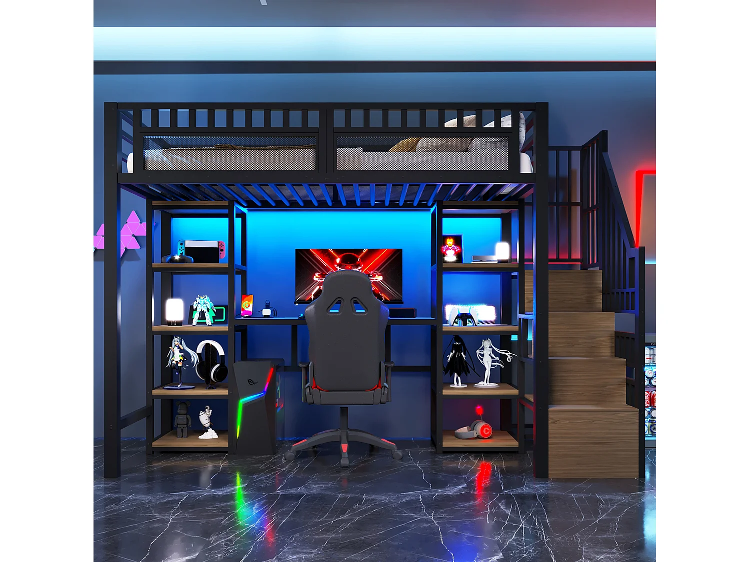 Hoogslaper 90x200 cm - Geïntegreerde opbergtrap - Ingebouwd bureau - LED-lichtstrip + USB-poort - Zwart (matras niet inbegrepen)