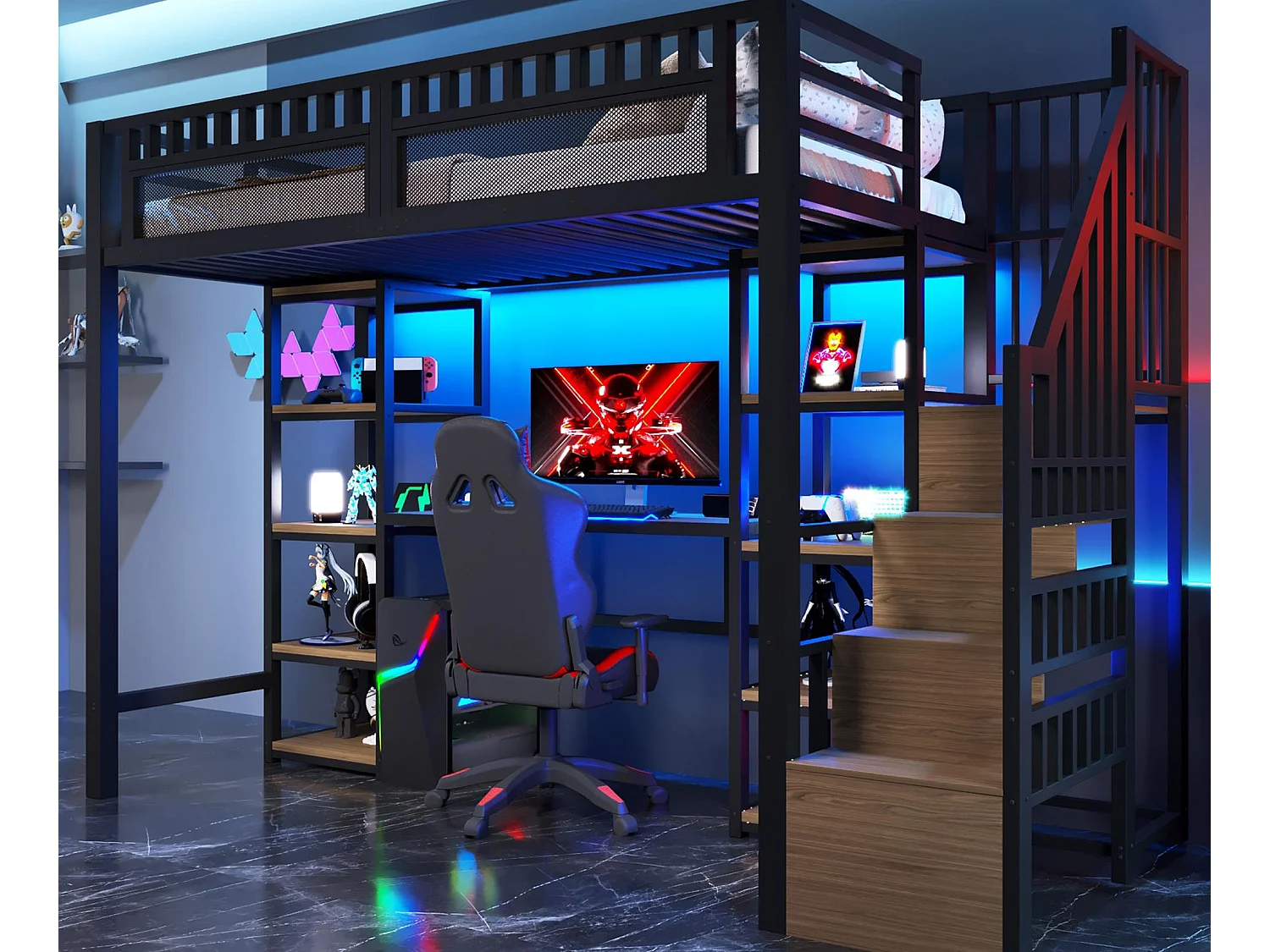 Hoogslaper 90x200 cm - Geïntegreerde opbergtrap - Ingebouwd bureau - LED-lichtstrip + USB-poort - Zwart (matras niet inbegrepen)