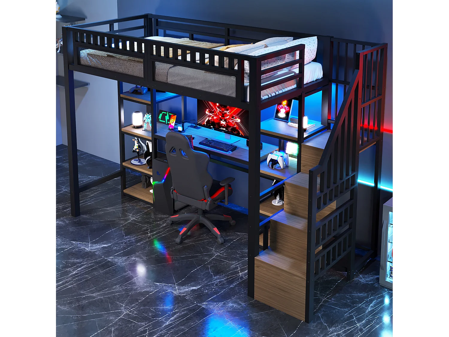 Hoogslaper 90x200 cm - Geïntegreerde opbergtrap - Ingebouwd bureau - LED-lichtstrip + USB-poort - Zwart (matras niet inbegrepen)