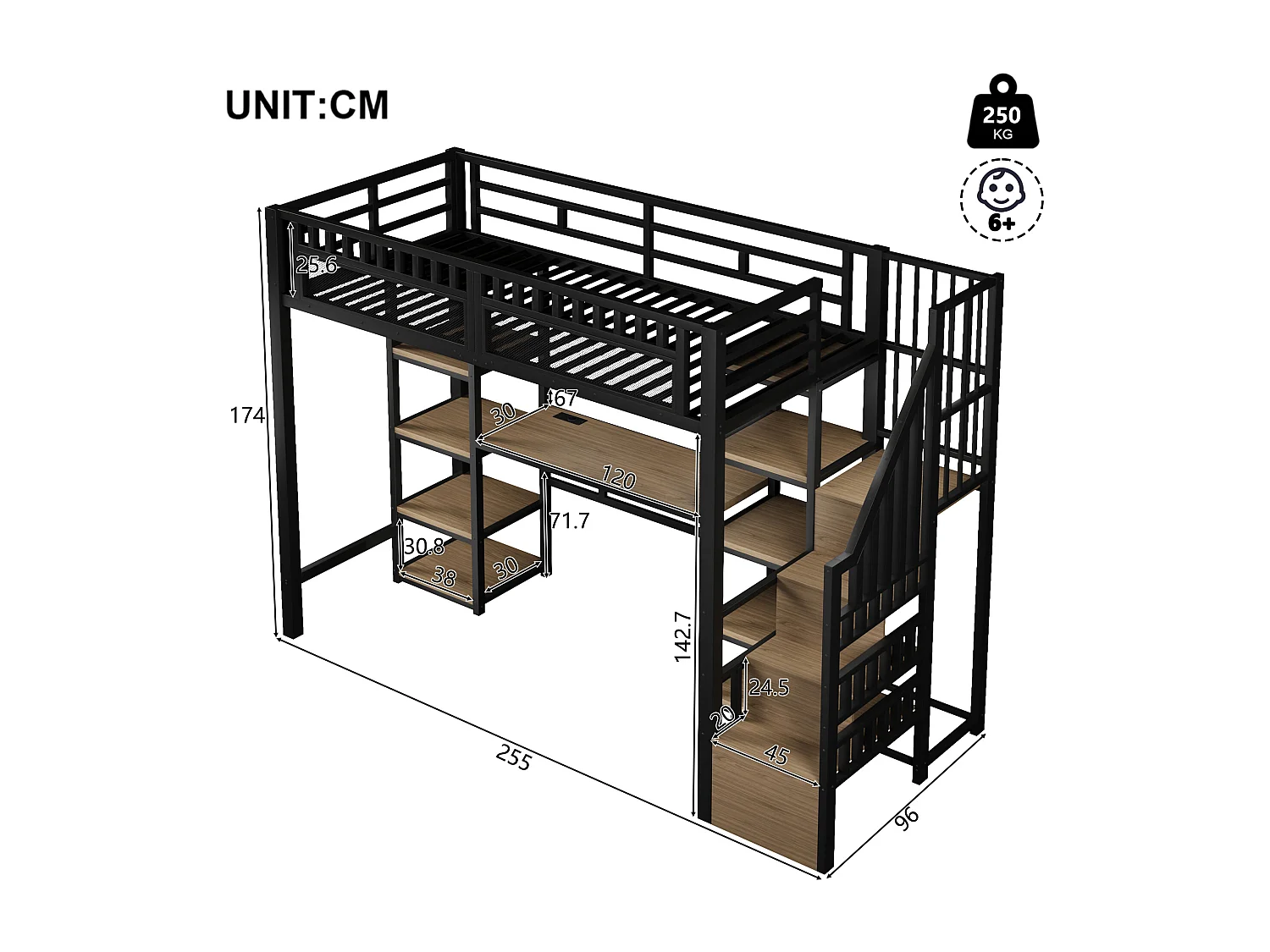 Hoogslaper 90x200 cm - Geïntegreerde opbergtrap - Ingebouwd bureau - LED-lichtstrip + USB-poort - Zwart (matras niet inbegrepen)