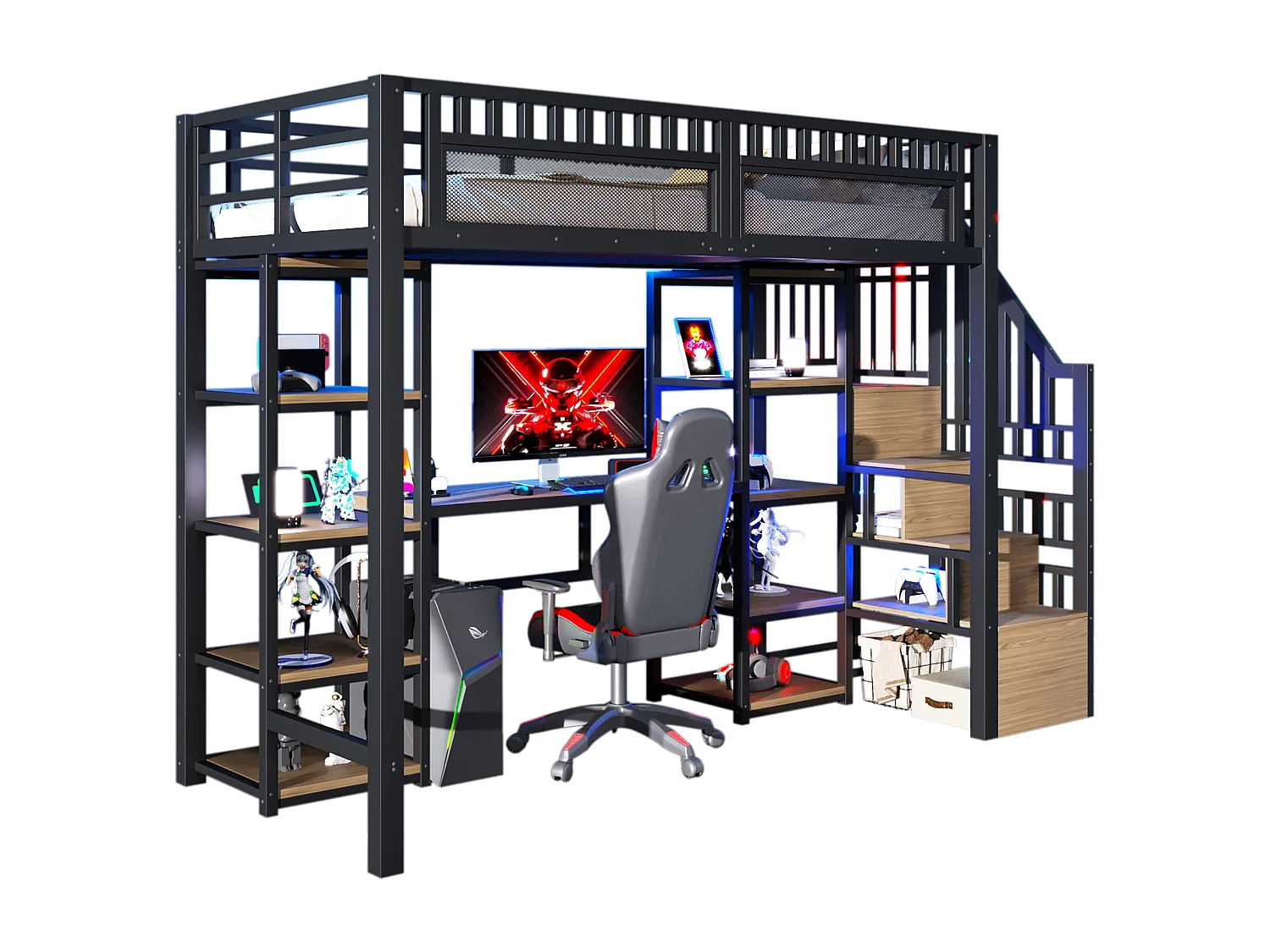 Hoogslaper 90x200 cm - Geïntegreerde opbergtrap - Ingebouwd bureau - LED-lichtstrip + USB-poort - Zwart (matras niet inbegrepen)