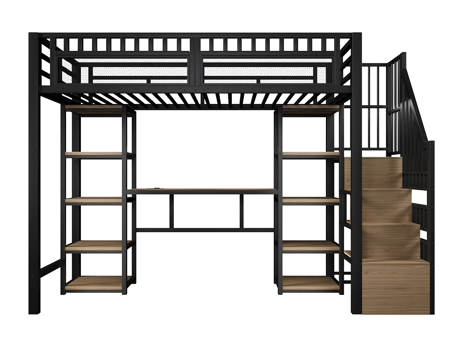 Hoogslaper 90x200 cm - Geïntegreerde opbergtrap - Ingebouwd bureau - LED-lichtstrip + USB-poort - Zwart (matras niet inbegrepen)