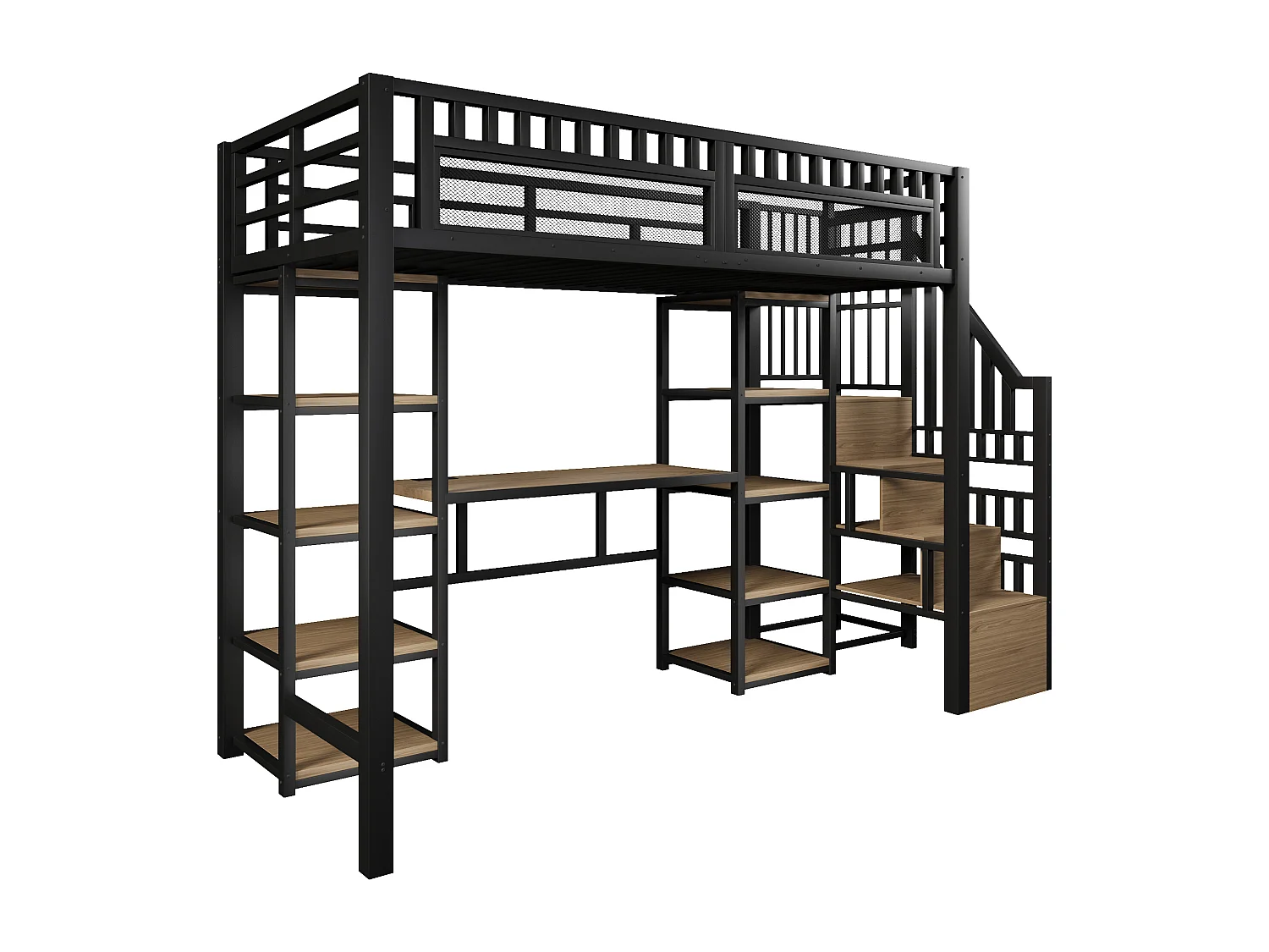 Hoogslaper 90x200 cm - Geïntegreerde opbergtrap - Ingebouwd bureau - LED-lichtstrip + USB-poort - Zwart (matras niet inbegrepen)