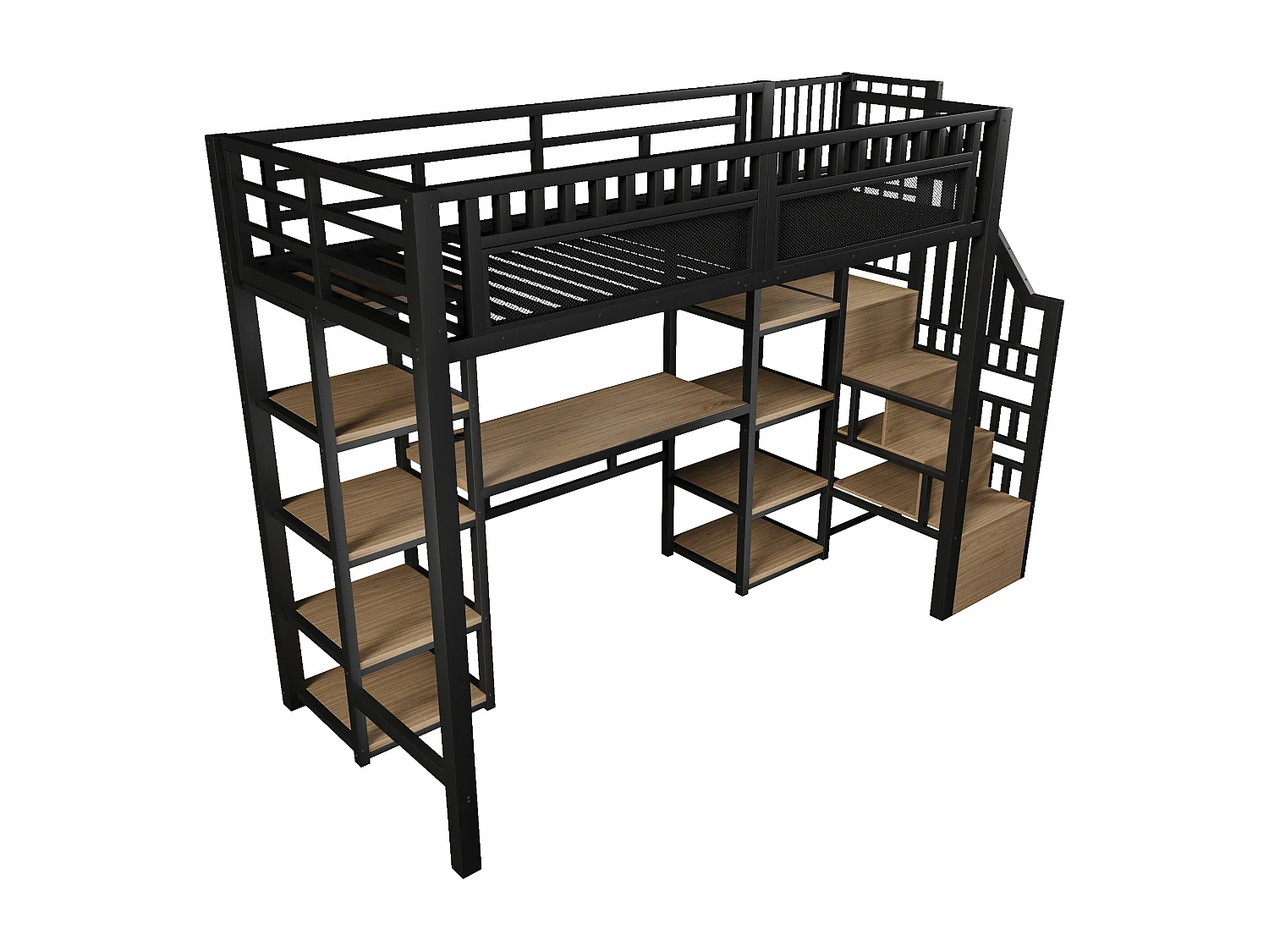 Hoogslaper 90x200 cm - Geïntegreerde opbergtrap - Ingebouwd bureau - LED-lichtstrip + USB-poort - Zwart (matras niet inbegrepen)