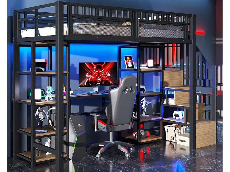 Lit mezzanine 90x200 cm - Échelle de rangement intégrée - Bureau intégré - Bandeau lumineux LED + port USB - Noir (matelas non inclus)