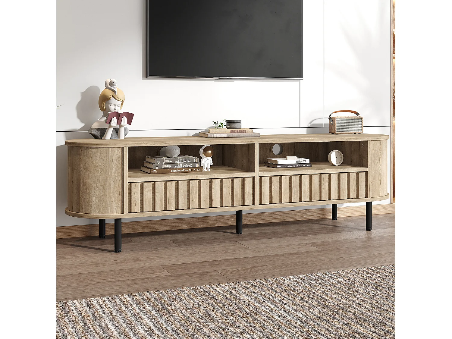 Meble TV 160x40x48 cm - z 2 szufladami - 2 półotwarte przegródki do przechowywania - MDF - Kolor naturalny