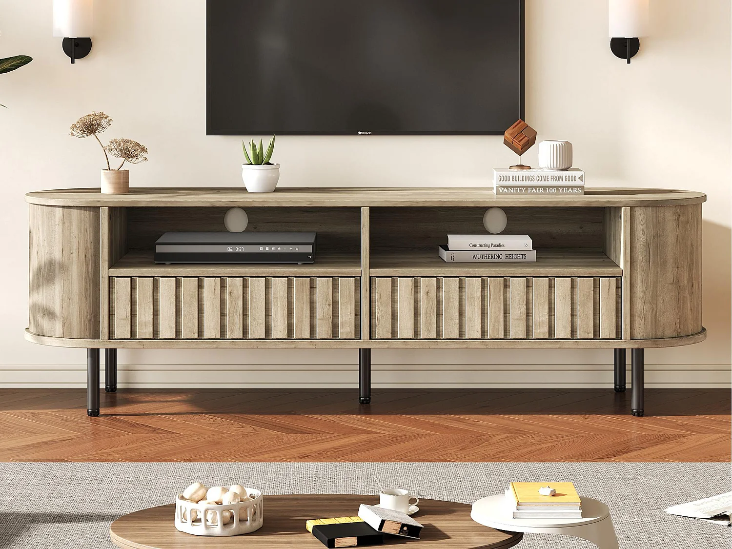 Meble TV 160x40x48 cm - z 2 szufladami - 2 półotwarte przegródki do przechowywania - MDF - Kolor naturalny