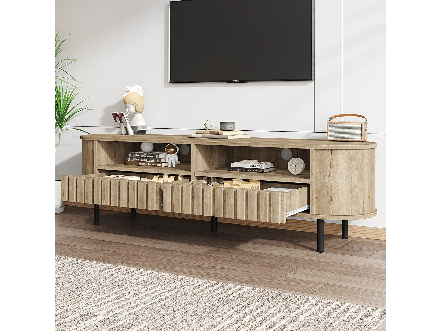 Meble TV 160x40x48 cm - z 2 szufladami - 2 półotwarte przegródki do przechowywania - MDF - Kolor naturalny