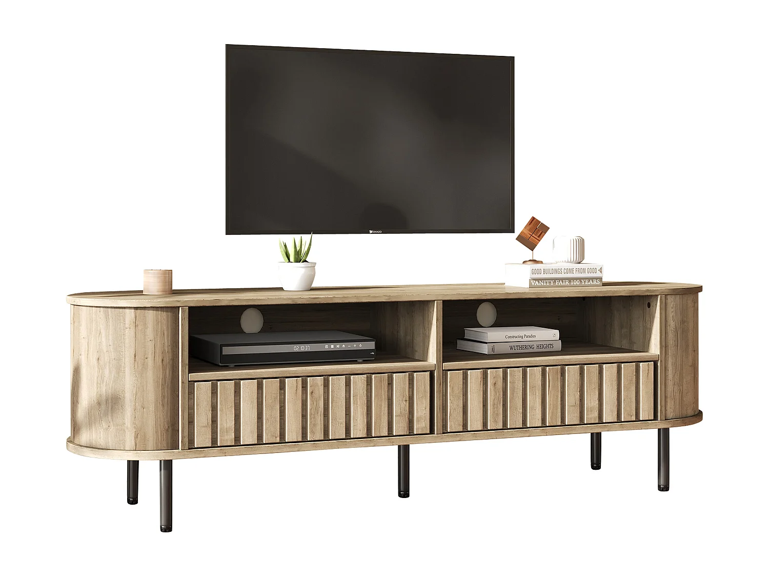 Meble TV 160x40x48 cm - z 2 szufladami - 2 półotwarte przegródki do przechowywania - MDF - Kolor naturalny