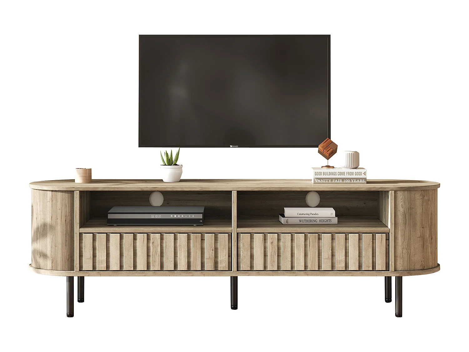 Meble TV 160x40x48 cm - z 2 szufladami - 2 półotwarte przegródki do przechowywania - MDF - Kolor naturalny