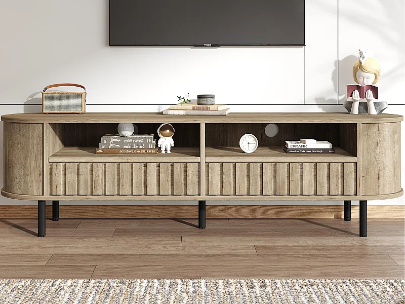 Meble TV 160x40x48 cm - z 2 szufladami - 2 półotwarte przegródki do przechowywania - MDF - Kolor naturalny