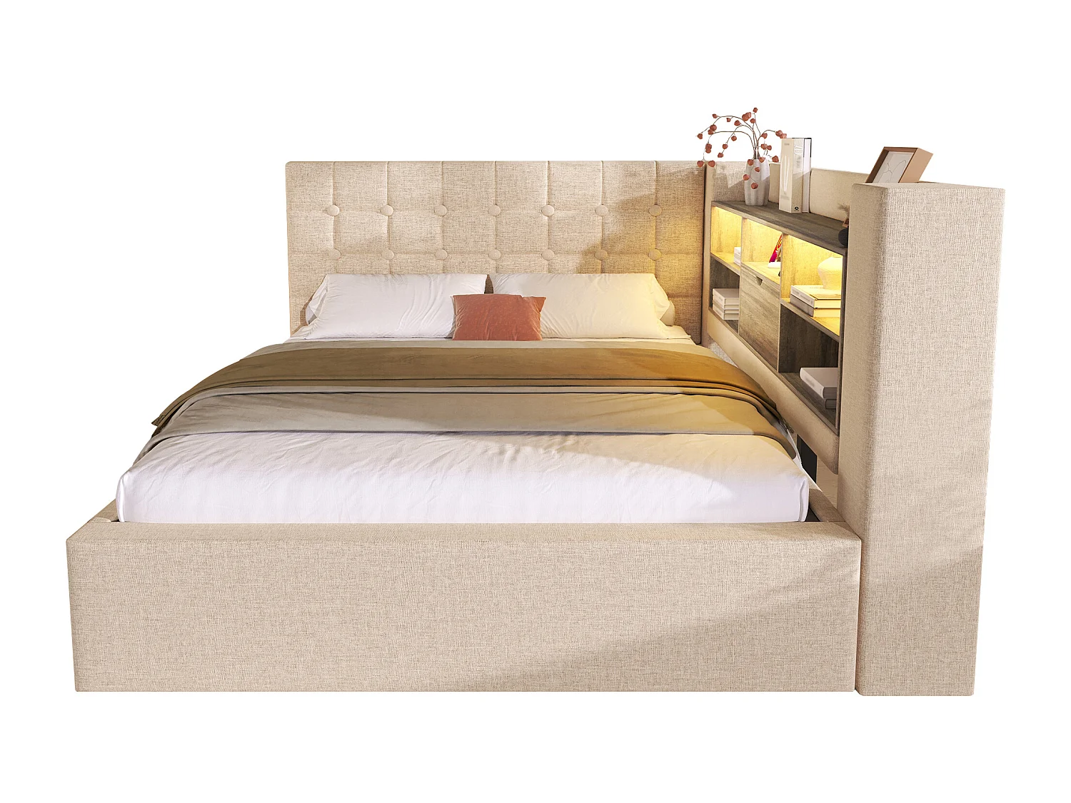 Canapé-lit coffre 140x190cm - avec LED et port de chargement - avec sommier à lattes - tissu de lin - beige (matelas non inclus)