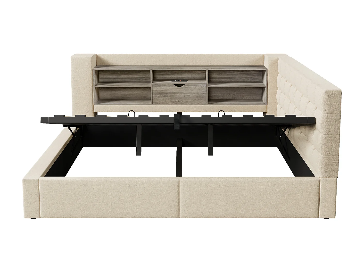 Canapé-lit coffre 140x190cm - avec LED et port de chargement - avec sommier à lattes - tissu de lin - beige (matelas non inclus)