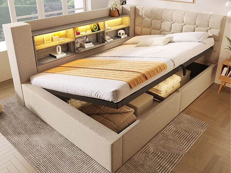 Canapé-lit coffre 140x190cm - avec LED et port de chargement - avec sommier à lattes - tissu de lin - beige (matelas non inclus)