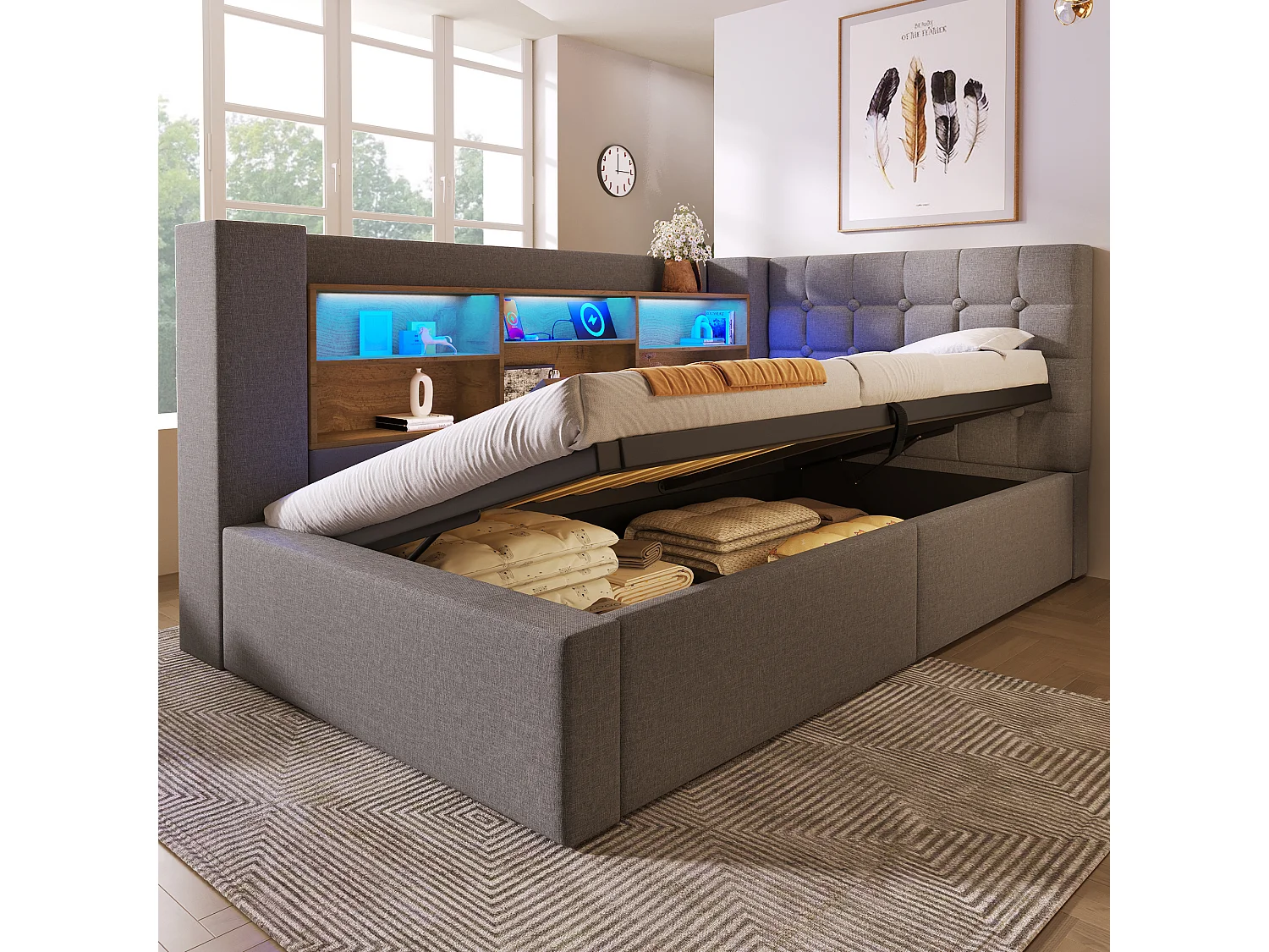 Canapé-lit coffre 90x200cm - avec LED et port de chargement - avec sommier à lattes - tissu de lin - gris (matelas non inclus)