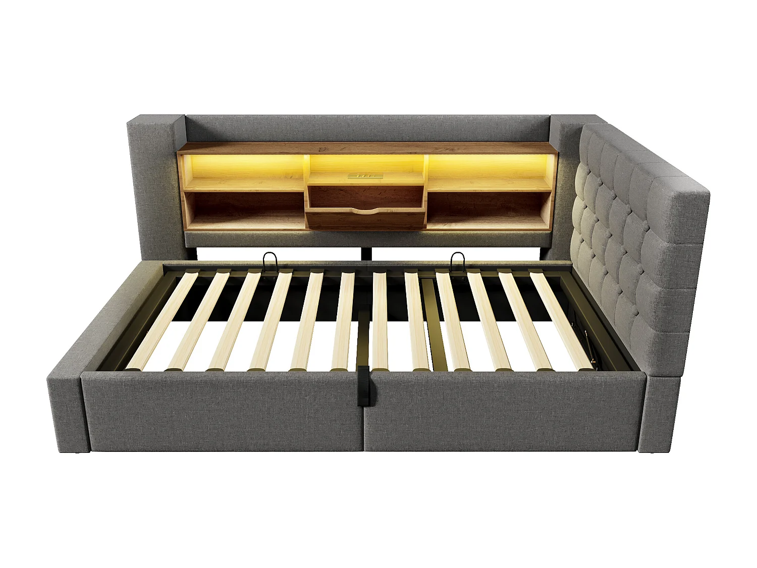 Canapé-lit coffre 90x200cm - avec LED et port de chargement - avec sommier à lattes - tissu de lin - gris (matelas non inclus)