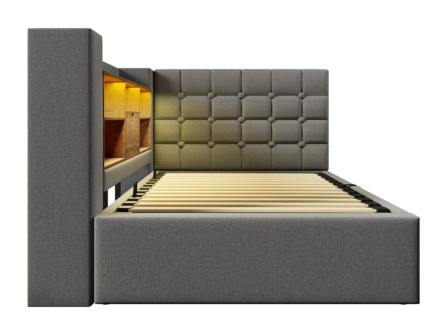 Canapé-lit coffre 90x190cm - avec LED et port de chargement - avec sommier à lattes - tissu de lin - gris (matelas non inclus)