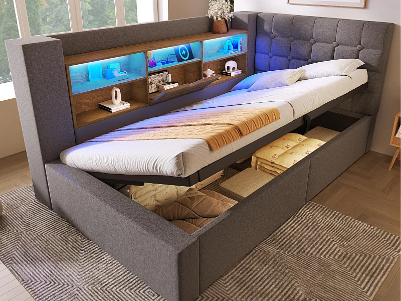 Divano letto contenitore 90x190cm - con LED e porta di ricarica - con rete a doghe - tissuto di lino - grigio​ (materasso non incluso)