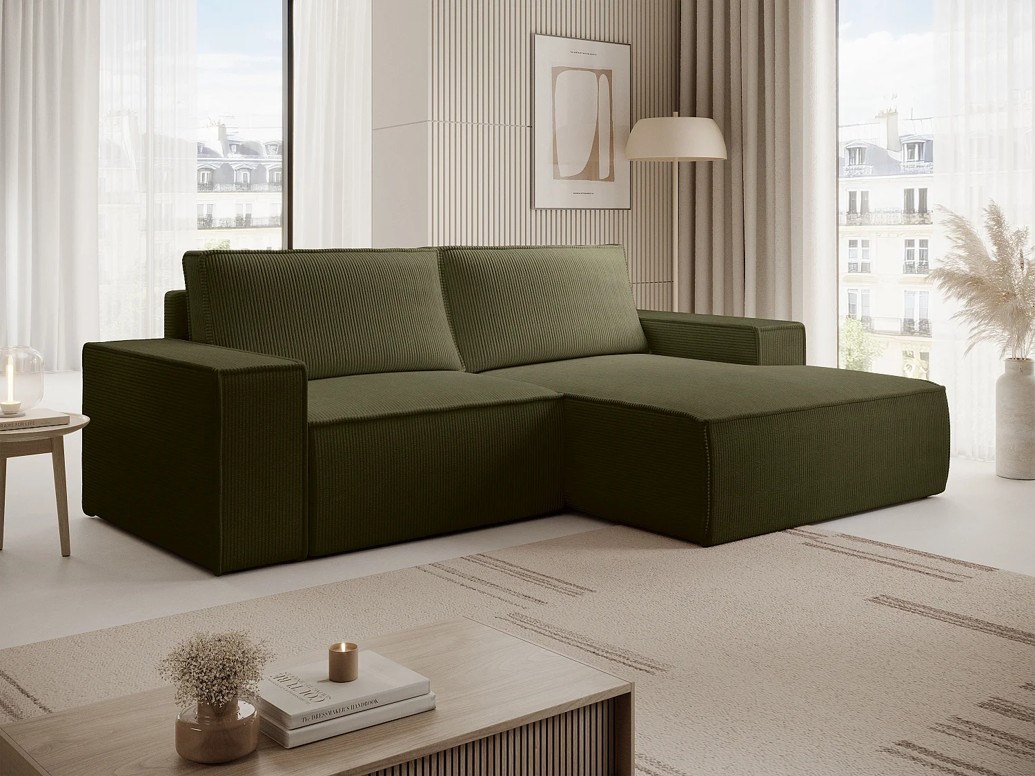 Petit canapé d'angle droit convertible en velours côtelé vert kaki AMELIA