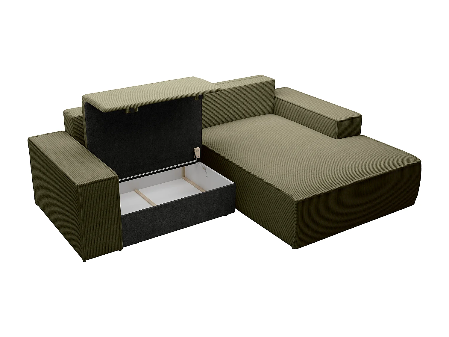 Petit canapé d'angle droit convertible en velours côtelé vert kaki AMELIA