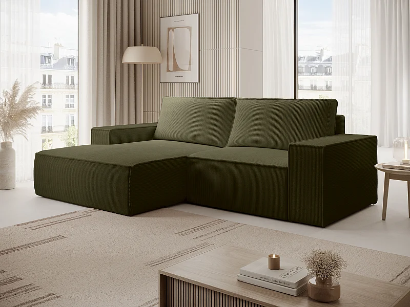 Petit canapé d'angle gauche convertible en velours côtelé vert kaki AMELIA