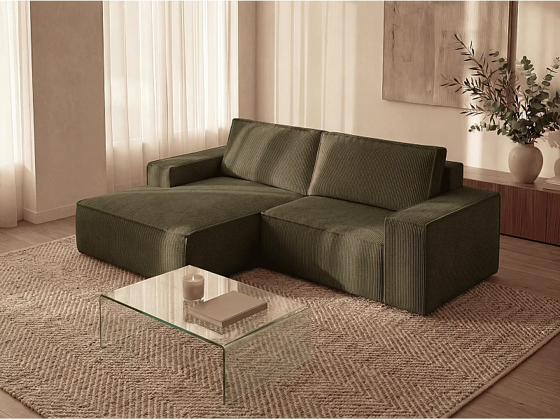 Kleine hoekslaapbank links in kaki groen ribfluweel AMELIA