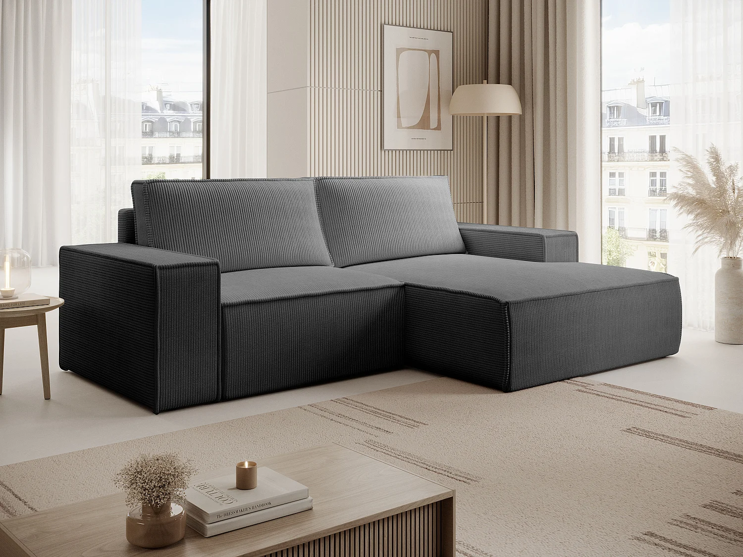 Petit canapé d'angle droit convertible en velours côtelé gris anthracite AMELIA