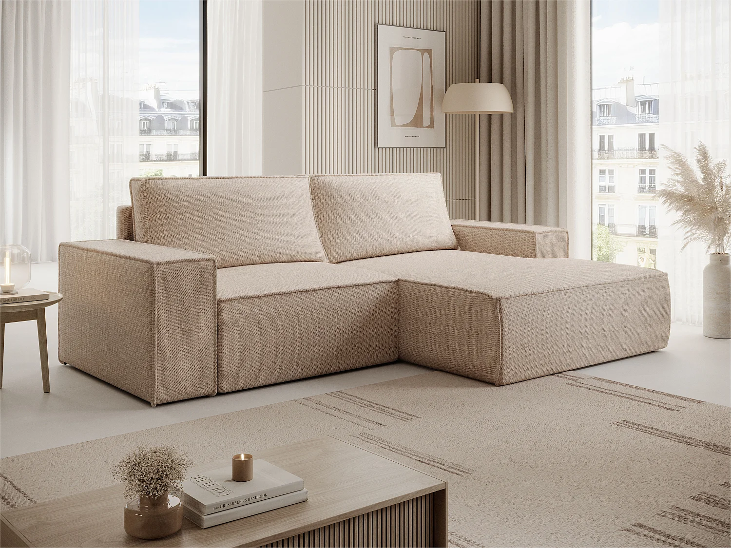 Petit canapé d'angle droit convertible en tissu texturé beige AMELIA