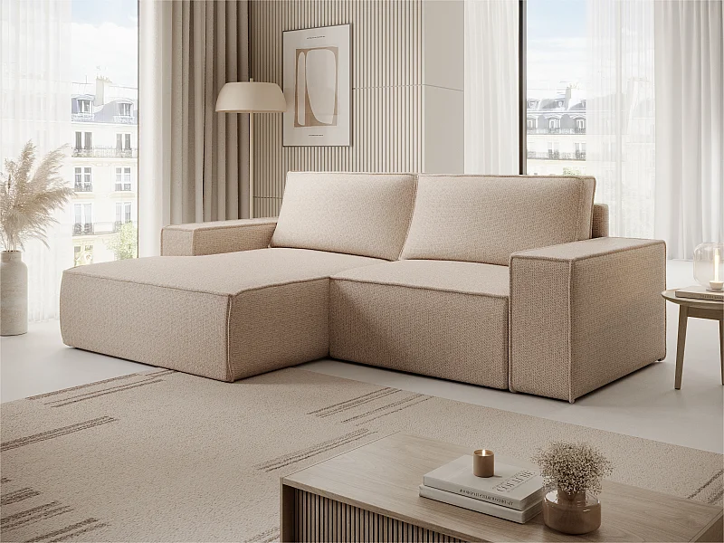 Petit canapé d'angle gauche convertible en tissu texturé beige AMELIA
