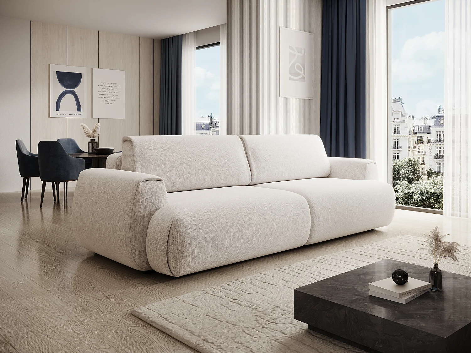 Kanapa 4-osobowa rozkładana z tkaniny szenilowej w kolorze kości słoniowej MONELIA