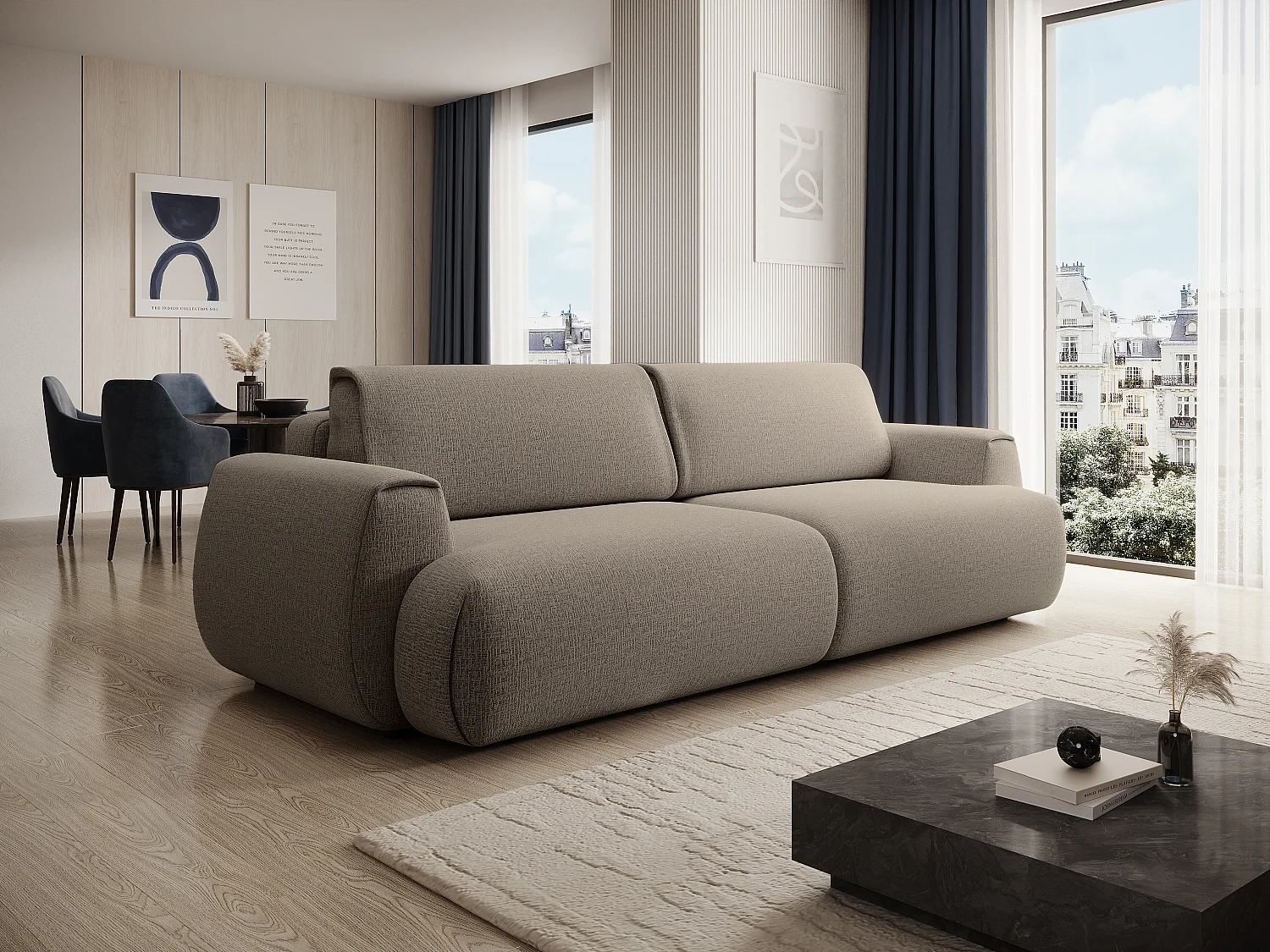 Canapé 4 places convertible en tissu chenille taupe MONELIA