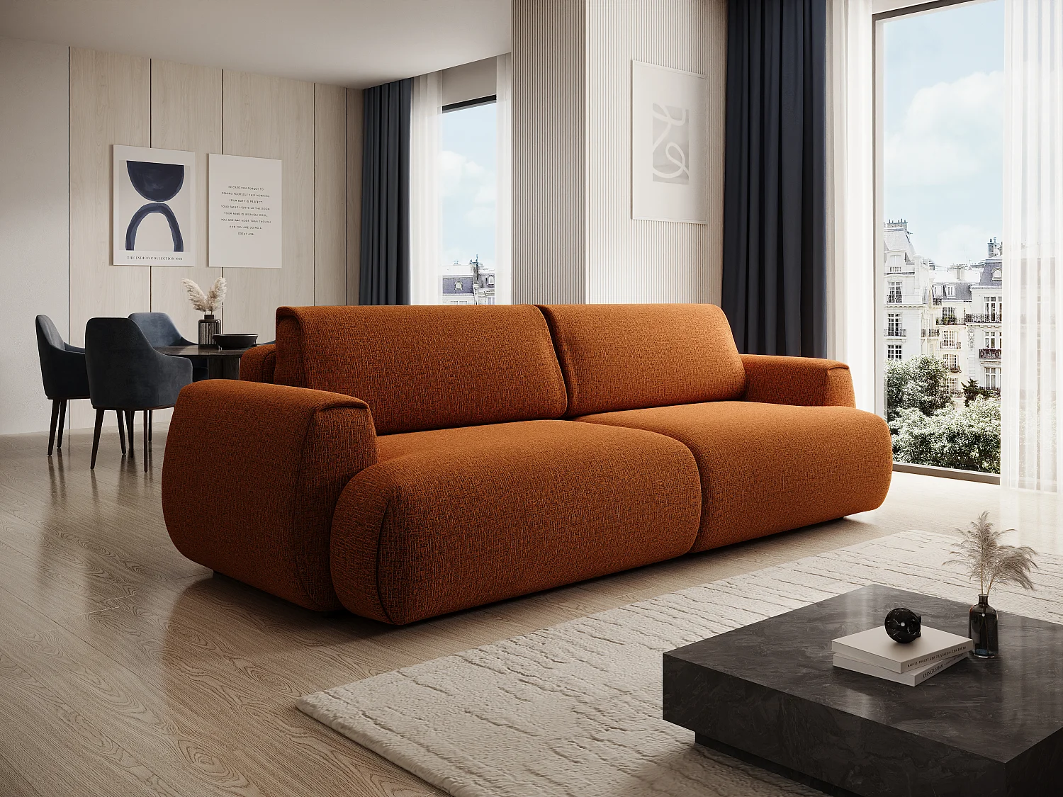 Sofá cama de 4 plazas en chenilla terracota MONELIA