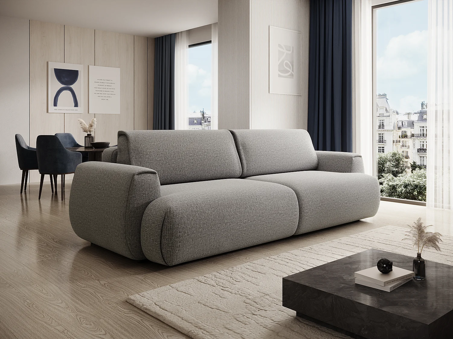 Sofá cama de 4 plazas en chenilla gris MONELIA