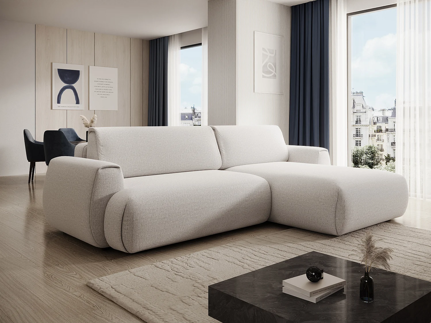 Canapé d'angle droit convertible en tissu chenille blanc ivoire MONELIA