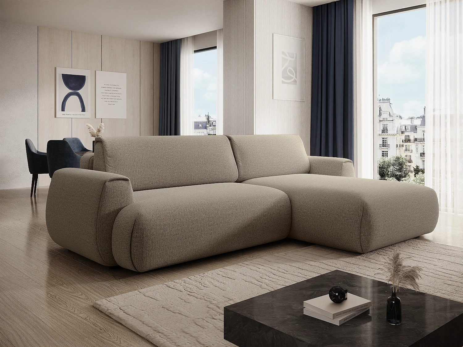 Canapé d'angle droit convertible en tissu chenille taupe MONELIA