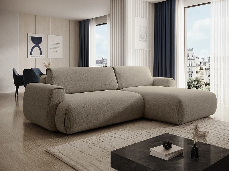 Canapé d'angle droit convertible en tissu chenille taupe MONELIA