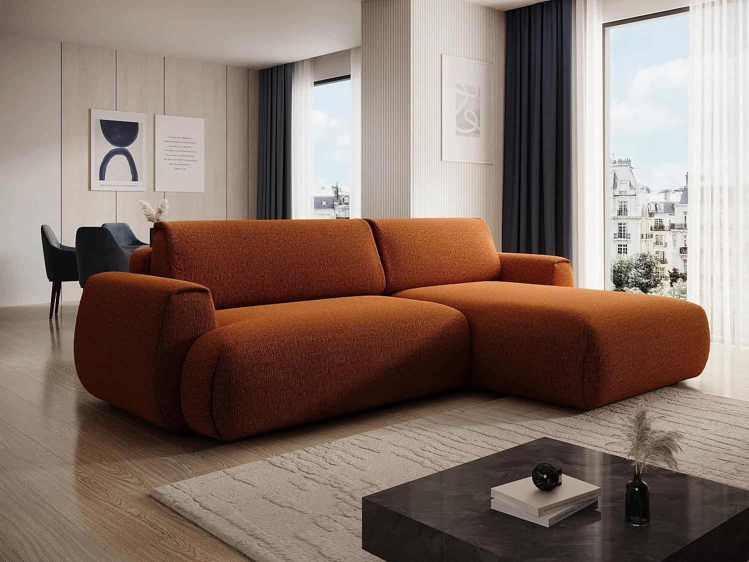 Canapé d'angle droit convertible en tissu chenille terracotta MONELIA