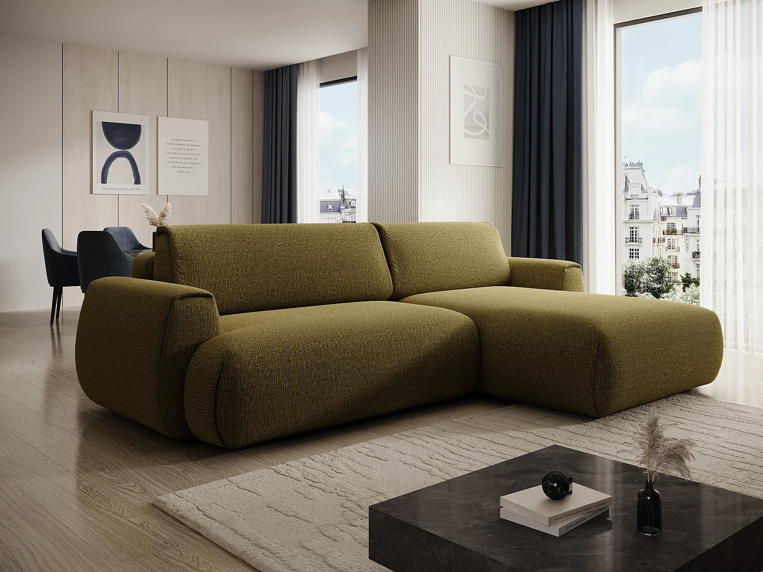 Canapé d'angle droit convertible en tissu chenille vert olive MONELIA