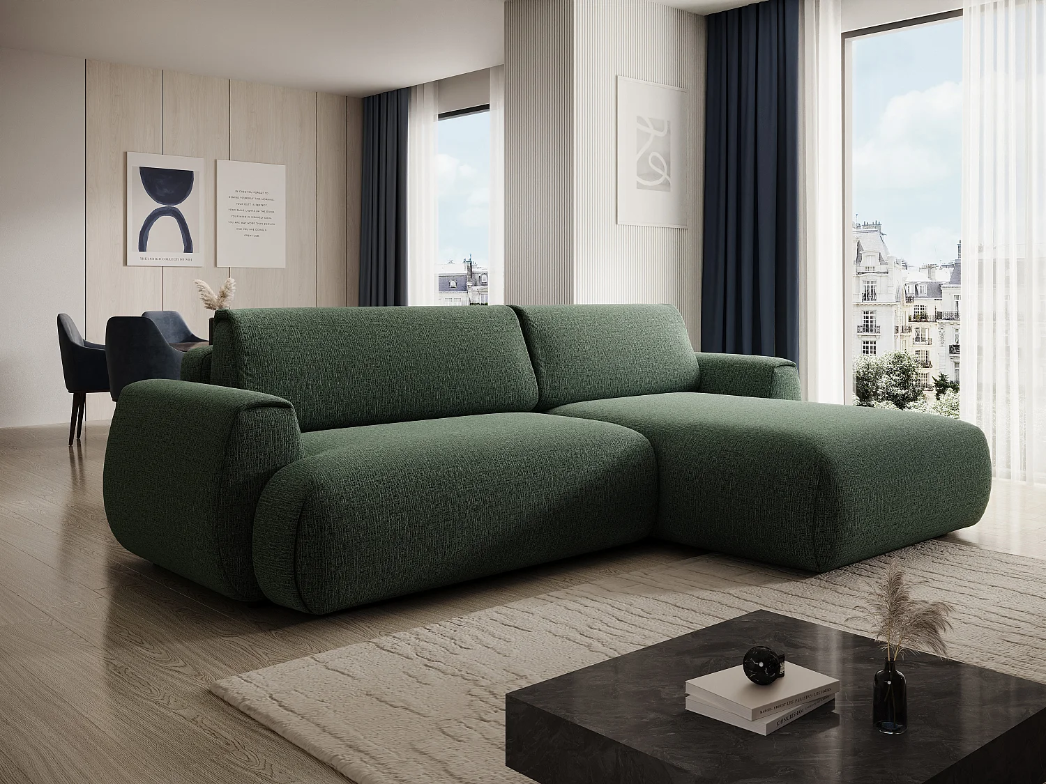 Canapé d'angle droit convertible en tissu chenille vert sapin MONELIA