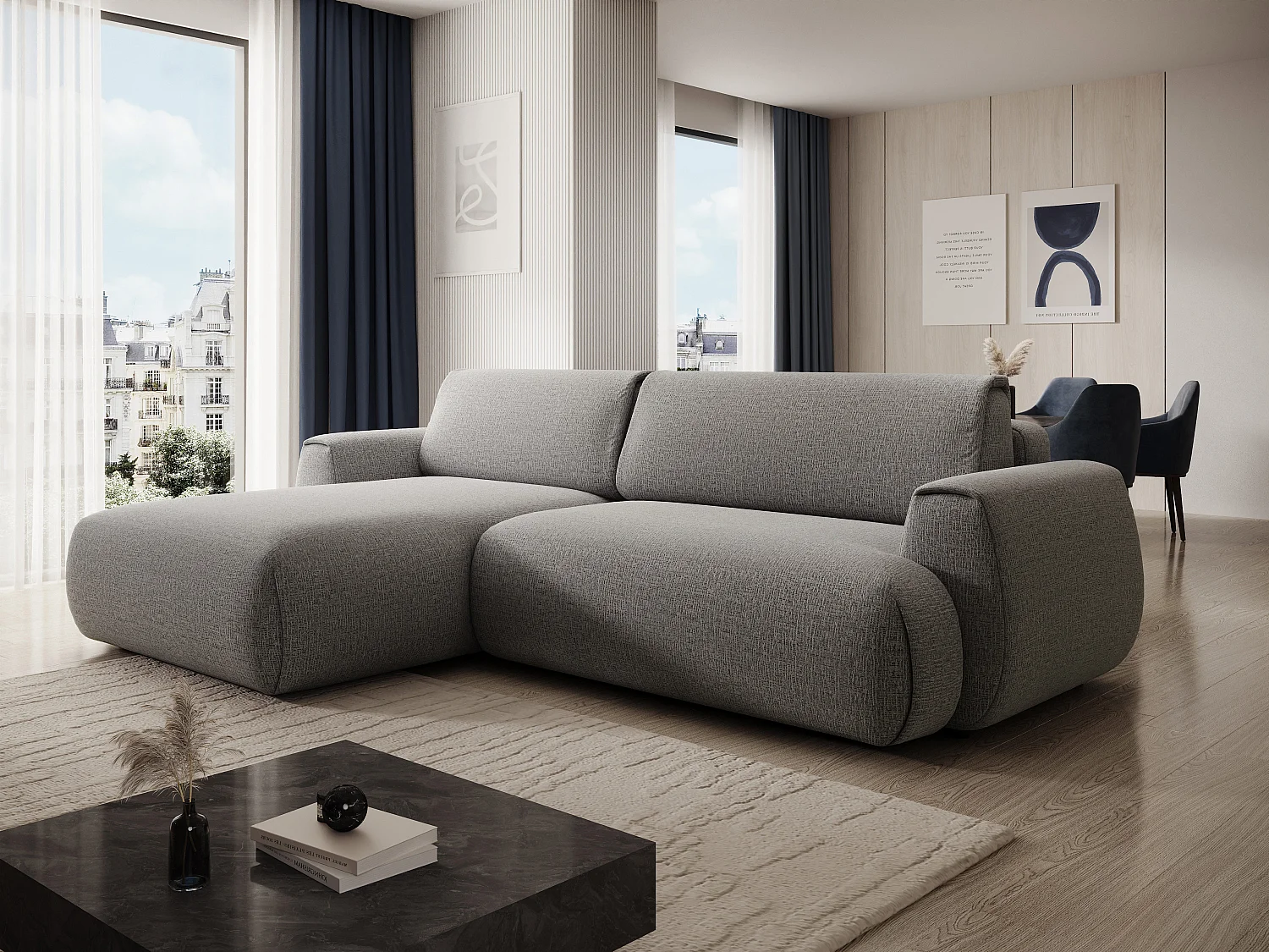 Canapé d'angle gauche convertible en tissu chenille gris MONELIA