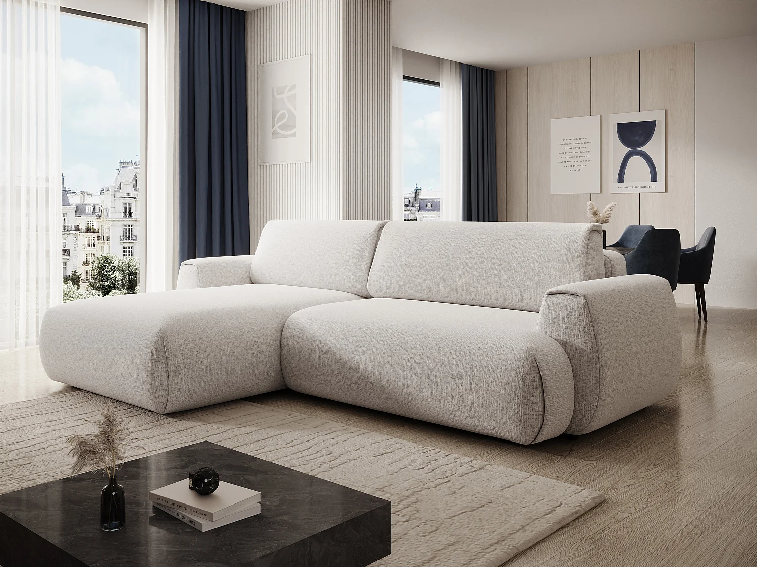 Canapé d'angle gauche convertible en tissu chenille blanc ivoire MONELIA