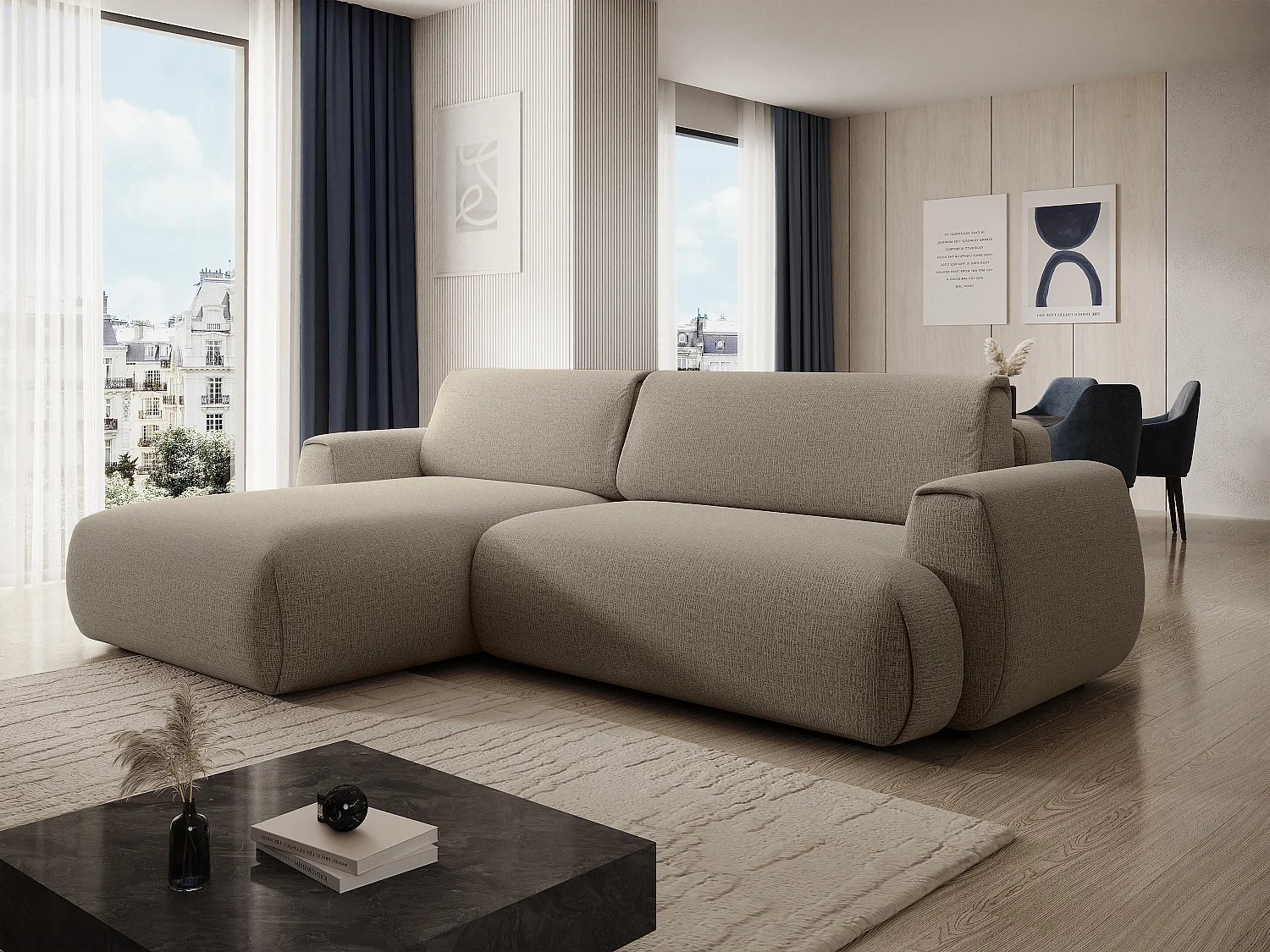 Canapé d'angle gauche convertible en tissu chenille taupe MONELIA