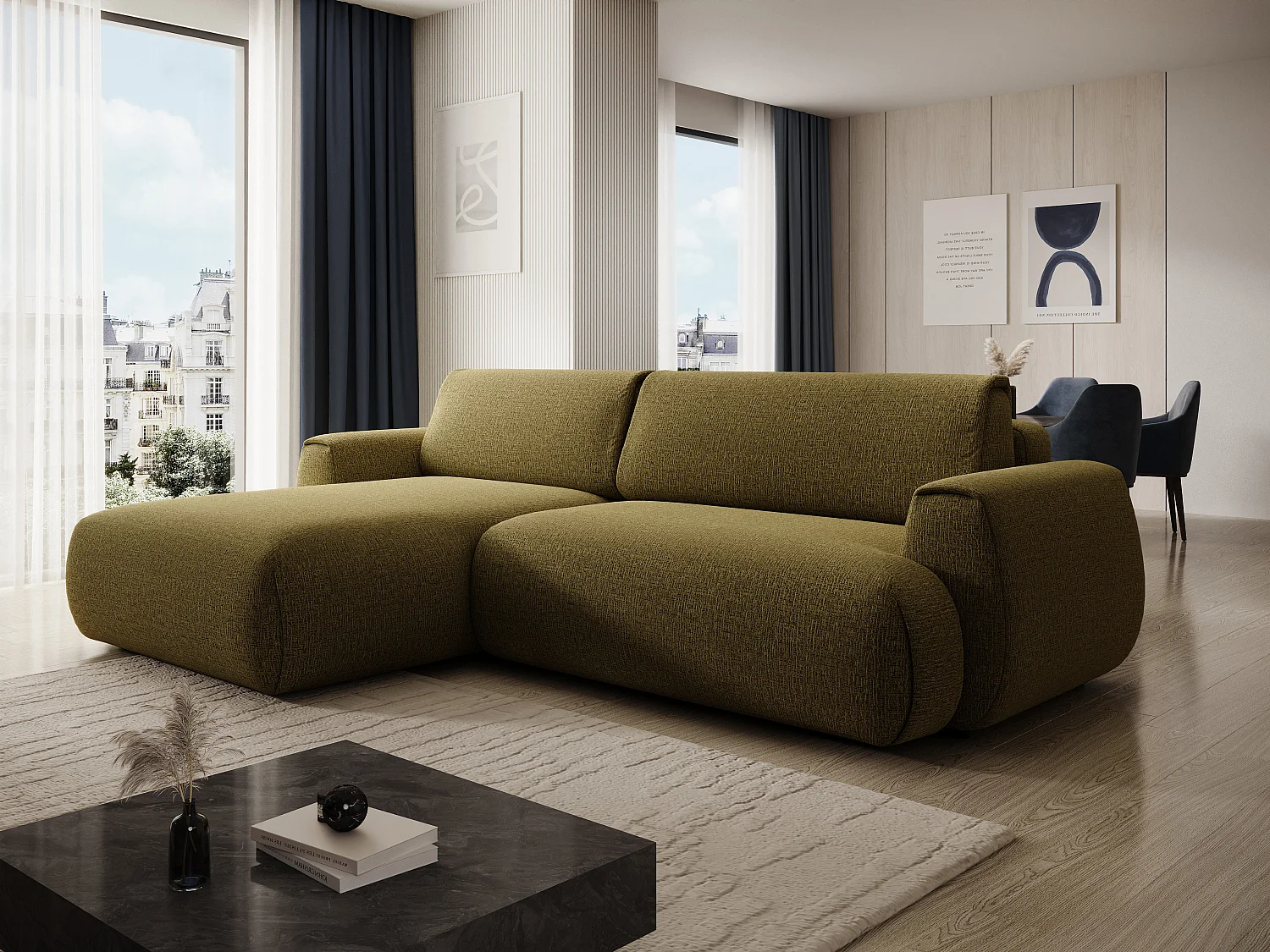 Canapé d'angle gauche convertible en tissu chenille vert olive MONELIA