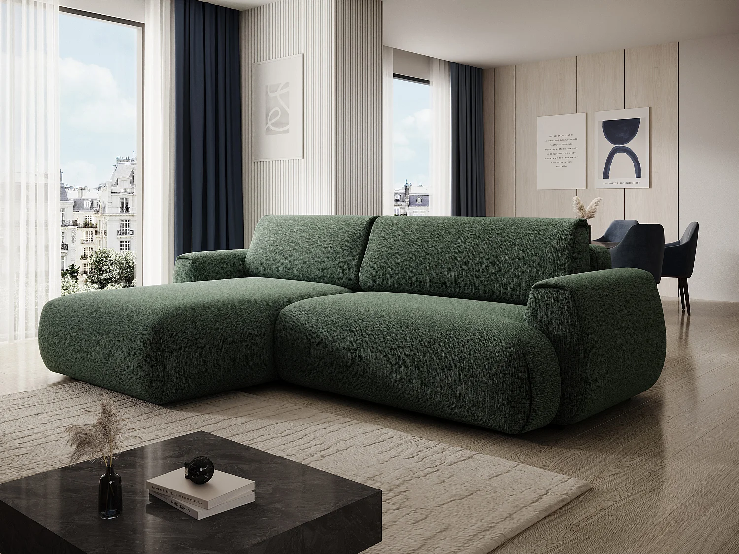 Canapé d'angle gauche convertible en tissu chenille vert sapin MONELIA