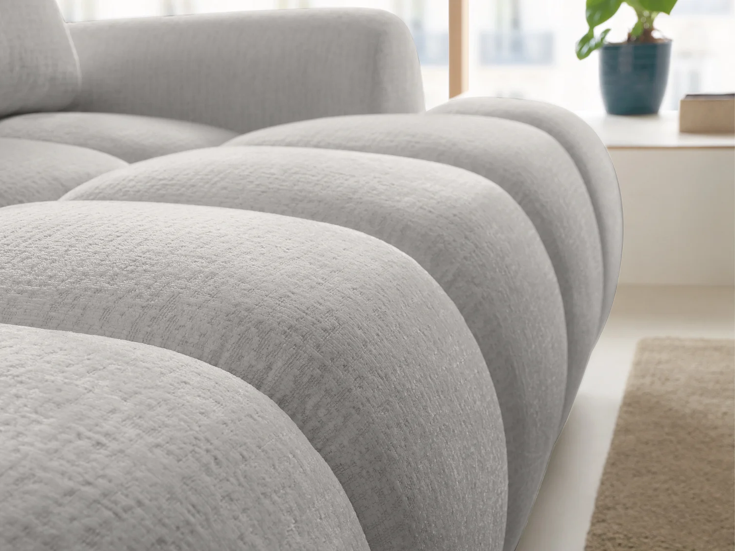 Canapé d'angle droit convertible en tissu chenille gris clair  FARNETA