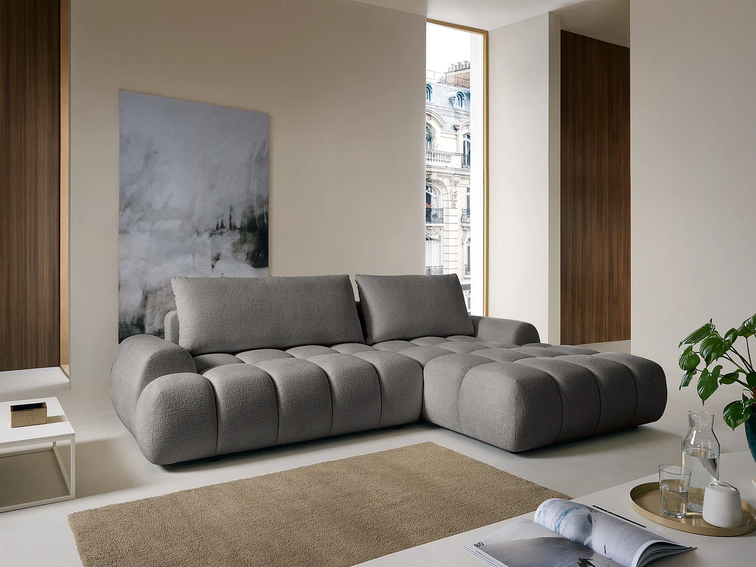 Canapé d'angle droit convertible en tissu chenille gris FARNETA