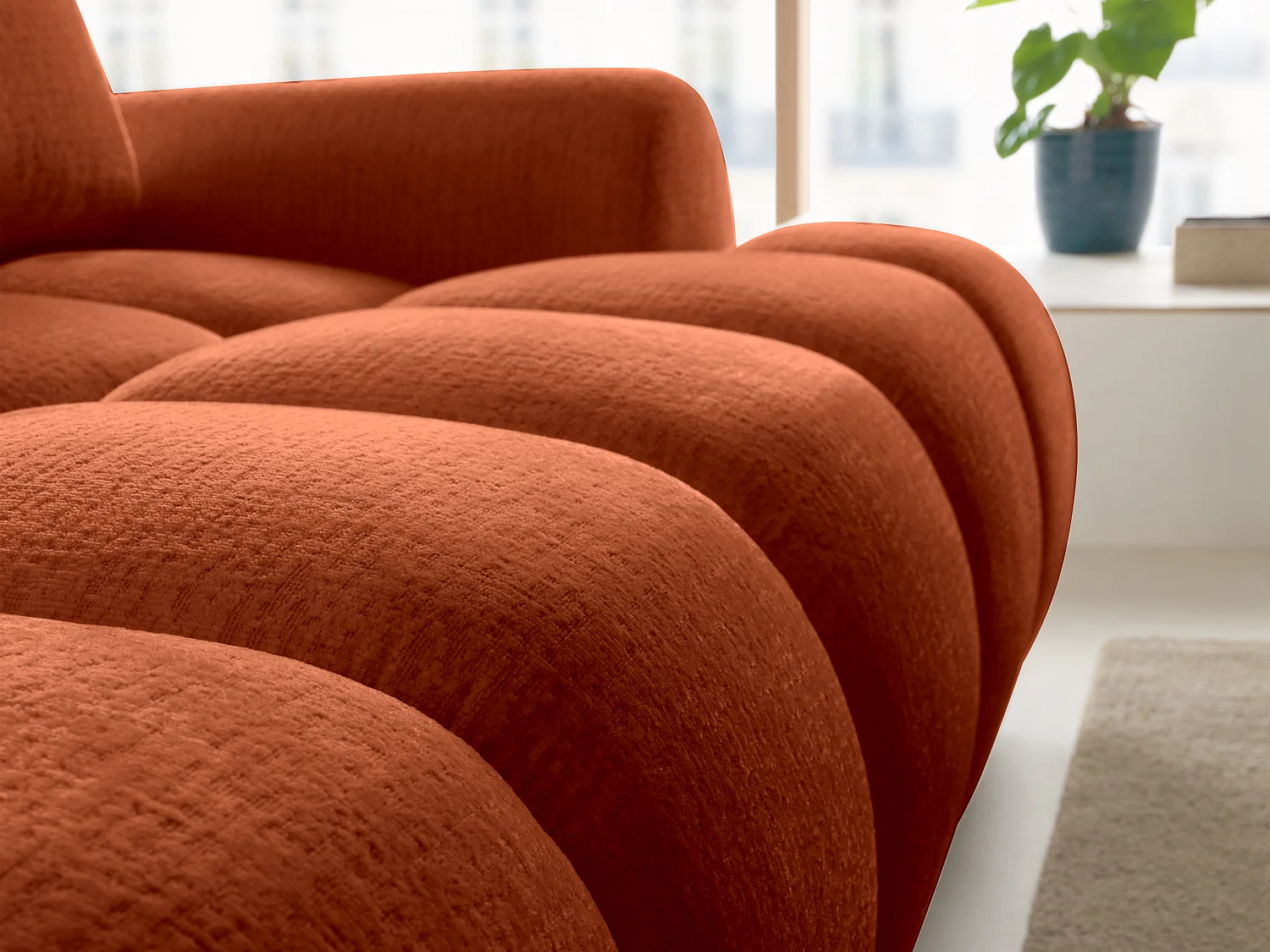 Canapé d'angle droit convertible en tissu chenille terracotta FARNETA