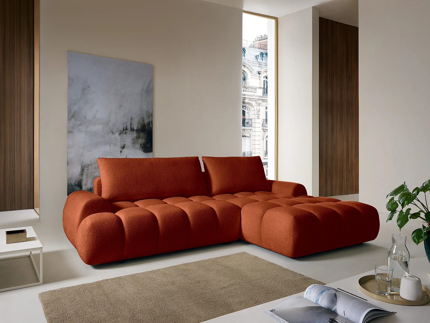 Canapé d'angle droit convertible en tissu chenille terracotta FARNETA